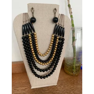 Moda Afro Feminino - Conjunto Triplo Colar Couro e Brincos Vintage Etnico - Mod 4