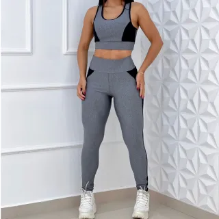 Roupa de Treino Feminina Conjunto Top com Bojo e Calça Legging Cintura Alta - Preto/Cinza