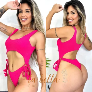 Maiô Fio Dental Argola Cavado Asa Delta Amarrar Lateral Lacinho - Drika Rosa Texturizado Fio De