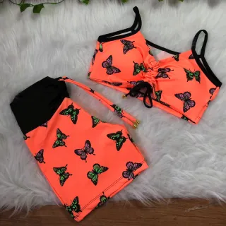 Conjunto short com cordinha e top com bojo para academia - Oncinha neon lateral