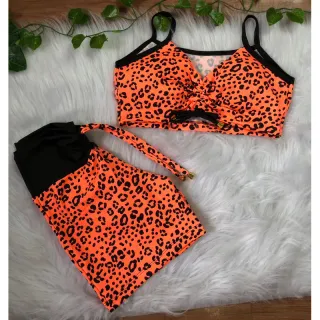 Conjunto short com cordinha e top com bojo para academia - Oncinha neon lateral