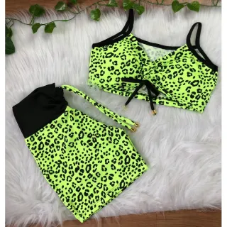 Conjunto short com cordinha e top com bojo para academia - Oncinha neon lateral