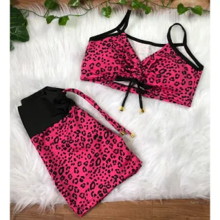 Conjunto short com cordinha e top com bojo para academia - Oncinha neon lateral
