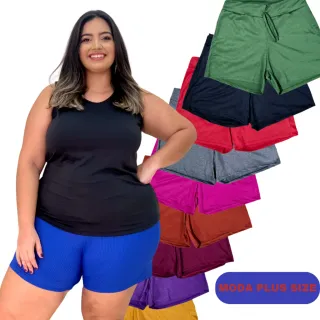 Plus Size Feminino Short Estampado Malha Canelada Liso Tamanhos Grandes - Variadas