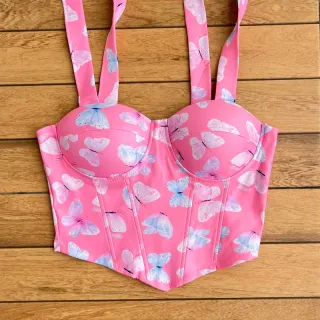 Corset com bojo floral onça amarrar no ombro, colorido e candy colors - 5-bolinha candy