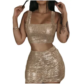 Saia Feminino Luxuoso e Conjunto Cropped em PAÊTE - Rose Golde