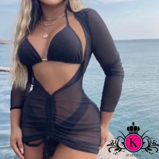 Saída de Praia Puxador Ajustável | Vestido Roupa de Praia Tamanhos P, M e G - 🖤​ PRETA