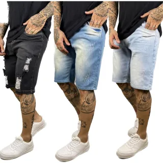 Bermuda Jeans Masculina Slim Premium Rasgada - Kit 3 Peças - kit 2，preto ，escuro