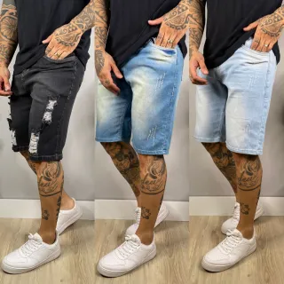 Bermuda Jeans Masculina Slim Premium Rasgada - Kit 3 Peças - kit 2，preto ，escuro