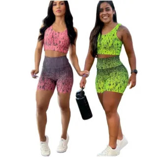 Conjunto Fitness Suplex Feminino - Top e Short 3D - SHORT rosa estampado