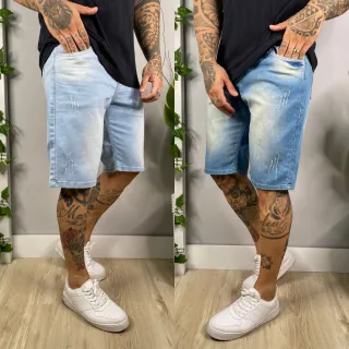 Bermuda Jeans Masculina Slim Premium Rasgada - Kit 3 Peças - kit 2，preto ，escuro