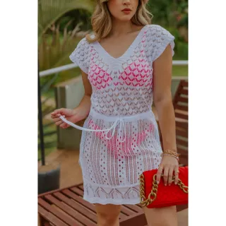 Moda Tricot Verao Fenda Acinturada Praia Curta - Pink
