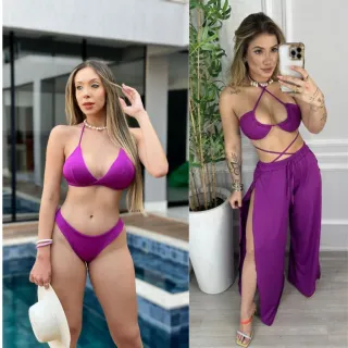 Moda praia feminina: conjunto de biquíni e calça pantalona para saída - KIT ESTAMPA I- ASA DELTA