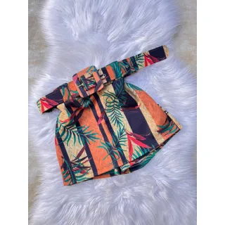 Saia estampada curta em malha suplex com cinto removível - Amarelo