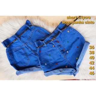 Shorts Lycra Jeans Feminina - Cintura Alta, Botão Encapado, Bordado e Cinto - Oscura bordado love