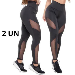 Moda feminina: Kit com 2 Calças Legging Fitness de Academia com Tule - Preto