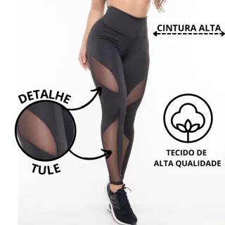 Moda feminina: Kit com 2 Calças Legging Fitness de Academia com Tule - Preto
