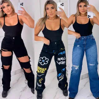 Calças Jeans Feminina Wide Leg e Skinny Premium Santt - Lançamento na Shopee - Wide black colors