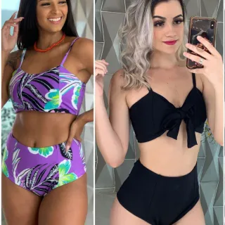 Biquíni feminino hot pants de laço cintura alta forrado e com bojo - unicórnio azul