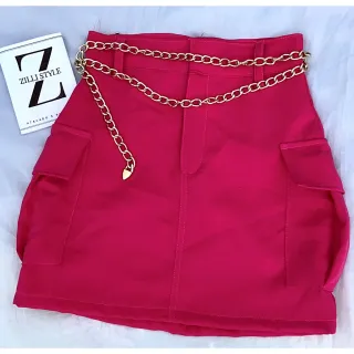 Saia curta de alfaiataria com bolsos laterais - Zillistyle - BEGE com cinto