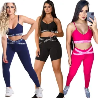 Roupa de academia feminina: Conjunto top e calça fitness - Cnj Preto Bolso Lateral
