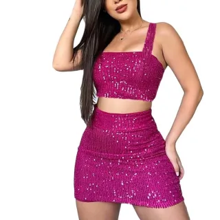 Saia Feminino Luxuoso e Conjunto Cropped em PAÊTE - Rose Golde
