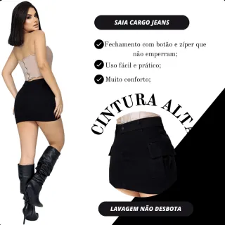 Saia Jeans Feminina Preta Cintura Alta com Bolso Lateral Cargo - 40
