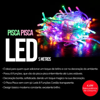 Enfeite Natalino Luz Pisca Pisca Led Bivolt 5M 8 Funções Árvore Natal - Colorido