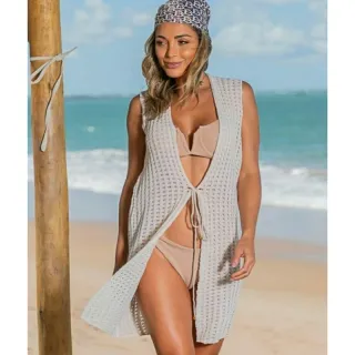 Moda Praia Verão Tricot Kimono Curta Babado Saída de Praia Feminina - Amarelo