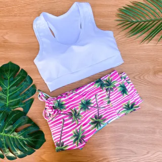 Conjunto Fitness Feminino Estampado - Cropped Top com Bojo e Short de Cordinha Regulagem - Estampa 2