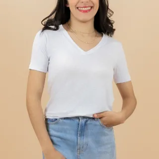 Malha Lisa Manga Curta Blusa Feminina Gola V - Preto