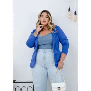 Casaco Blazer Feminino Plus Size em Neoprene - Modelagem Alongada - Rosa Barbie