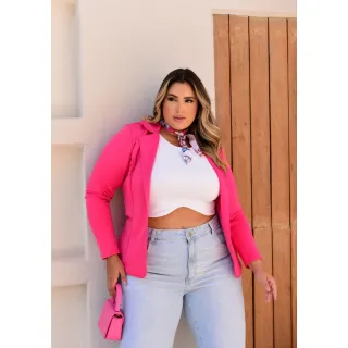 Casaco Blazer Feminino Plus Size em Neoprene - Modelagem Alongada - Rosa Barbie