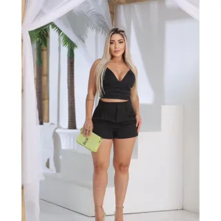 Conjunto croped e shorts alfaiataria com lastex e bolso - Azul