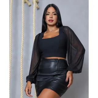 Blusa Feminina de Inverno Elegante Casual em Tule Manga Grosso Ana Ruga - Nude