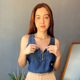 Blusa feminina jeans regata verão com bolso e zíper - JEANS ESCURO