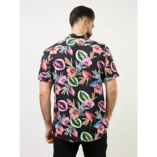 Camisa Floral Masculina Manga Curta - Preto com Flores Grandes - GG