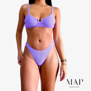 Calcinha Asa Delta Retrô Texturizada + Biquíni Meia Taça Mônaco (Branco/Verde/Roxo/Laranja/Preto/Lilás/Rosa/Vermelho) - LAVANDA