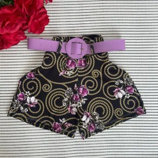 Short Feminino Malha Cintura Alta + Cinto. Moda Praia Verão - MODELO 2 ESTAMPA SORTIDA