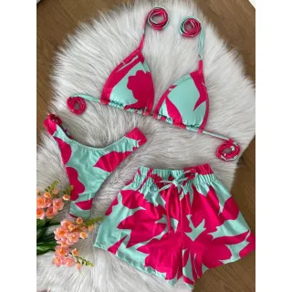 Moda Verão: Conjunto Biquíni Feminino Kit 3 em 1 - Biquine, Shorts e Saída de Praia