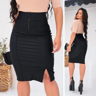 Moda evangélica: Saia Midi cintura alta com zíper elegante 004
