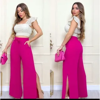 Moda Blogueira: Calça Pantalona Forrada Feminina com Fenda Lateral e Cordão - Tendência Cintura Alta - Preto