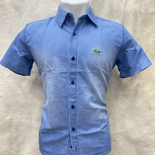 Manga Curta Slim Fit Camisa Jeans Masculina - Azul Escuro lavada