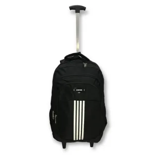 Mochila juvenil e adulto com rodinhas e alças de costas - preta listras brancas