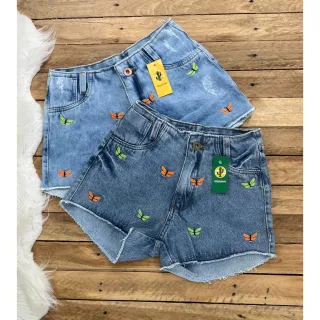 Hotpant Feminino Jeans Bordado Borboletas Cintura Alta - Claro