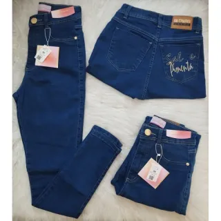 Calça feminina cintura alta sal e pimenta jeans - Forma PEQUENA/ bordado 0146