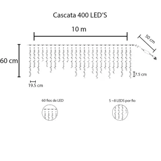 Luzes de Natal em Cascata com 8 Funções, disponível em 5 ou 10 metros e com opção de 200 ou 400 LEDs - LUZ QUENTE