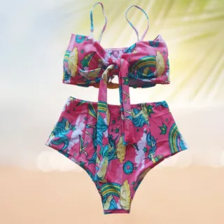 Biquíni feminino hot pants de laço cintura alta forrado e com bojo - unicórnio azul