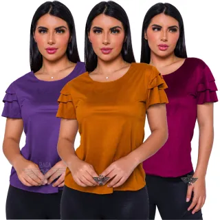 Blusa PREMIUM Manga Curta Suede BABADO 3 - Vermelho