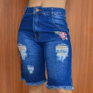 Moda Blogueira - Bermuda Jeans Feminina Premium, Verão, Bordado - Margarida